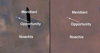 The view at left was captured by NASA's Mars Reconnaissance Orbiter on June 22 (with a black data dropout in the middle). At right is the same view from July 17.