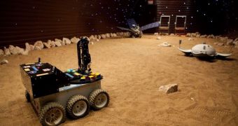 The Mars terrain simulator of the Mars500 facility. The crew will drive a rover and place sensors during their sorties