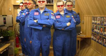 Mars500 crew having a fun portrait with red protective goggles