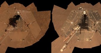 Opportunity's solar panels in January (left) and March, 2014