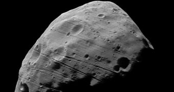 A view of the surface of the Martian moon Phobos