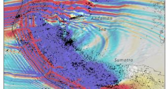 Simulated dynamic Coulomb stress waves (red-blue) shed continuously off the 2004 magnitude 9.2 Sumatra earthquake rupture front, and can be seen sweeping through the Andaman Sea, in the Indian Ocean