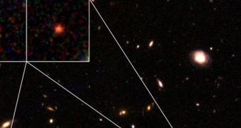 Insets showing 2 massive galaxies in the early Universe, visible here in near-infrared wavelengths