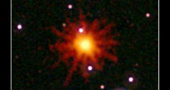 Images from Swift's Ultraviolet/Optical (white, purple) and X-ray telescopes (yellow and red) were combined in this view of GRB 110328A