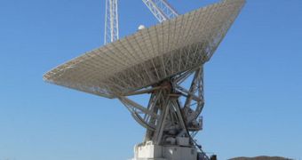 The 70-meter antenna at the Goldstone Deep Space Communications Complex, in the Mohave Desert, California