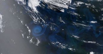 Massive spiral-shaped phytoplankton bloom in the Indian Ocean, as seen by the Aqua satellite on December 30, 2013