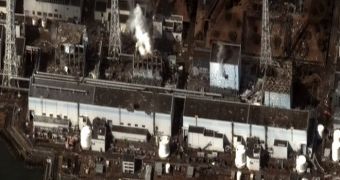 This is an overview of the Fukushima Daiichi nuclear power plant, showing the four damaged reactors buildings