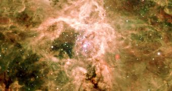 A photo showing the Tarantula Nebula, in the Large Magellanic Cloud