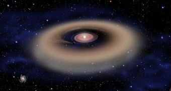 Artist's rendition of the protoplanetary disk around a young, massive star, featuring a newly formed, Jupiter-sized exoplanet