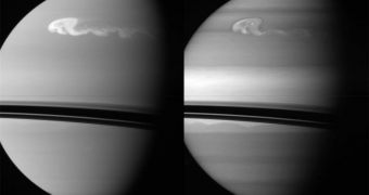 These are two of the raw images of a massive Saturnine storms, that Cassini collected last Friday