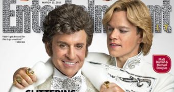 Michael Douglas and Matt Damon in character to promote HBO’s “Behind the Candelabra”