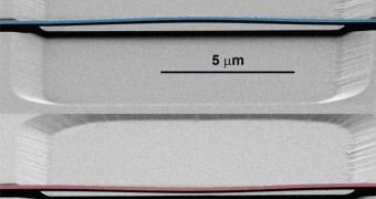 Using only light, scientists can switch this little bridge of silicon between its “bowed up” configuration (top) and its “bowed down” configuration
