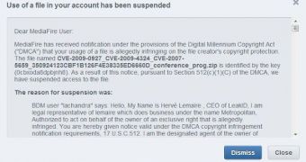 Suspended account notification sent by MediaFire to Mila Parkour