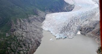 This shot shows new forests above the shrinking Mendenhall Glacier, in Alaska