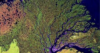 The Lena River delta. The Lena is one of several major rivers that flow northward into the Arctic Ocean