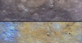 Images showing the terrain covering Mercury's north pole - natural colors (top), enhanced colors (bottom)