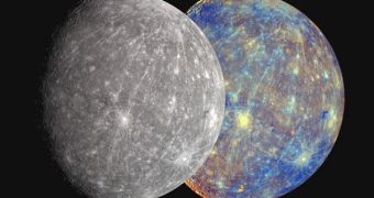 The spreading of dark material spots (color-enhanced in the version to the right) on Mercury's surface