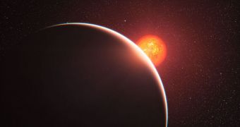 This rendition shows super-Earth GJ 1214b in orbit around its parent star