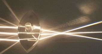 A large-scale lens, showing light diffraction