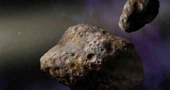 Artistic impression of two relatively large asteroids inside the asteroid belt, similar to those that could have triggered the 470 million years ago event