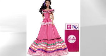 The Mexican Barbie doll is dressed in a pink ruffled dress