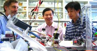 This photo shows Bruce E. Logan, Shaoan Cheng and Defeng Xing with a microbial cell that produces methane directly from electricity