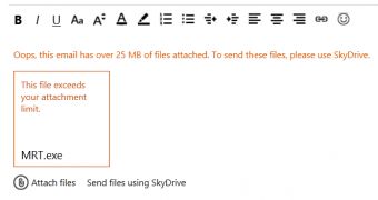 Outlook.com gives users the option to send large files via SkyDrive