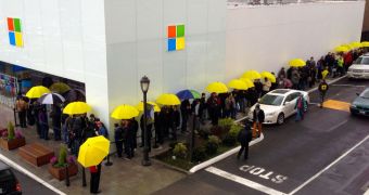 Customers waiting in line to buy the Surface Pro