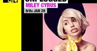 Miley Cyrus poses as a buck-toothed cowgirl on the MTV "Unplugged" poster