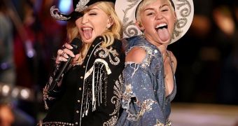 Miley Cyrus and Madonna share a similar tongue-out pose during the MTV "Unplugged" concert