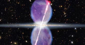 Newly discovered gamma-ray jets (pink) extend for 27,000 light-years above and below the galactic plane, and are tilted at an angle of 15 degrees. Gamma-ray bubbles are shown in purple