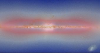A dark matter disk, in red, is shown here around a spiral galaxy