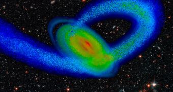 This snapshot from a computer model shows the dwarf galaxy Sagittarius being deformed by tidal interactions with the Milky Way