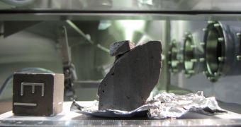 An Apollo 11 moon rock in the Lunar Sample Laboratory at the Johnson Space Center in Houston