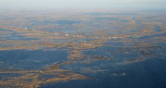 Aerial view of Delacroix, Louisiana, mostly abandoned due to sea-level rise and wetland loss