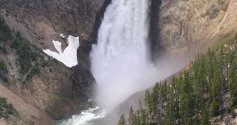Waterfall in Yellowstone. The Park sits atop a massive underground plume of molten rock