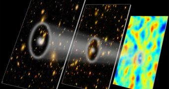 The record of baryon acoustic oscillations (white circles) in galaxy maps helps astronomers retrace the history of the expanding Universe