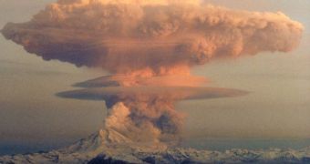 Eruption cloud from Redoubt Volcano viewed from the west of the Kenai Peninsula, as seen in this archive picture from 1990