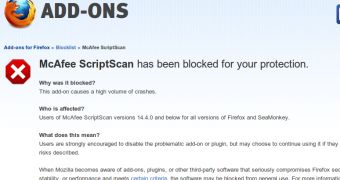 Mozilla has blocked McAfee's ScriptScan for Firefox due to crashes
