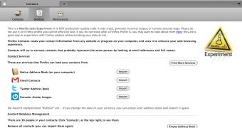 Mozilla Contacts add-on for Firefox: services view