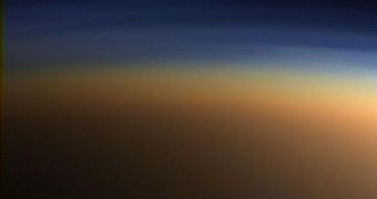 This is a true-color view of the atmosphere surrounding the Saturnine moon Titan