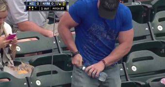 Muscular sports fan tries to open a bottle of water, fails