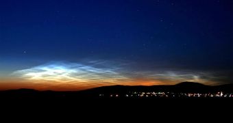 This image shows one of the first ground sightings of noctilucent clouds in the 2007 season over Budapest, Hungary on June 15, 2007