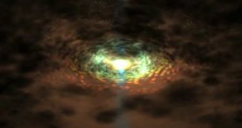 Snapshot from a NASA visualization showing gas clouds orbiting an AGN