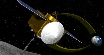 This is a rendition of OSIRIS-REx collecting samples from the surface of 1999 RQ36