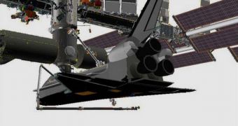 This CG image shows the sensor-laden pole inspecting Endeavour's underbelly