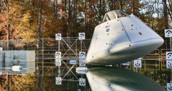 This is the Orion spacecraft near the surface of the water, during a drop test conducted on November 8, 2011
