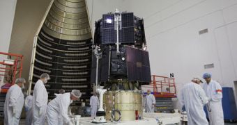 The two RBSP spacecraft are seen here stacked atop of each other, before encapsulation in Atlas V's payload fairing