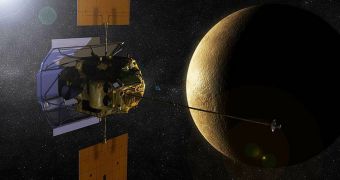 This rendition shows the NASA MESSENGER spacecraft approaching Mercury