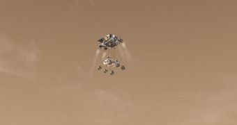 This snapshot from a computer simulation shows the Sky Crane deployment system lowering Curiosity to the surface of Mars